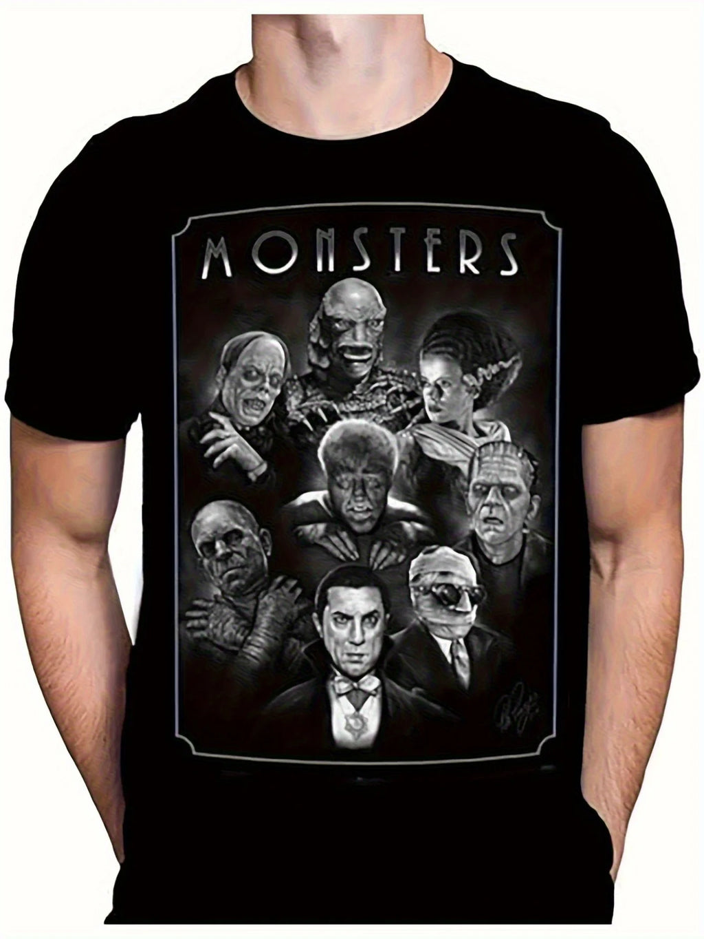Men's Retro 1930s Horror Movie Monster T-shirt - Bridal Pattern Print of Frankenstein, Dracula, Werewolf, and Frankenstein