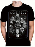 Men's Retro 1930s Horror Movie Monster T-shirt - Bridal Pattern Print of Frankenstein, Dracula, Werewolf, and Frankenstein