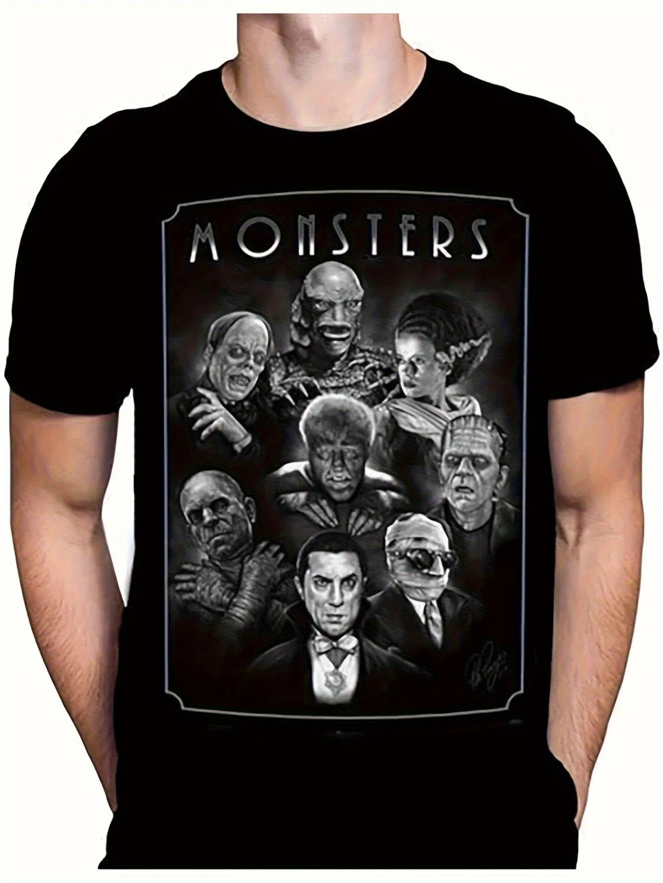 Men's Retro 1930s Horror Movie Monster T-shirt - Bridal Pattern Print of Frankenstein, Dracula, Werewolf, and Frankenstein